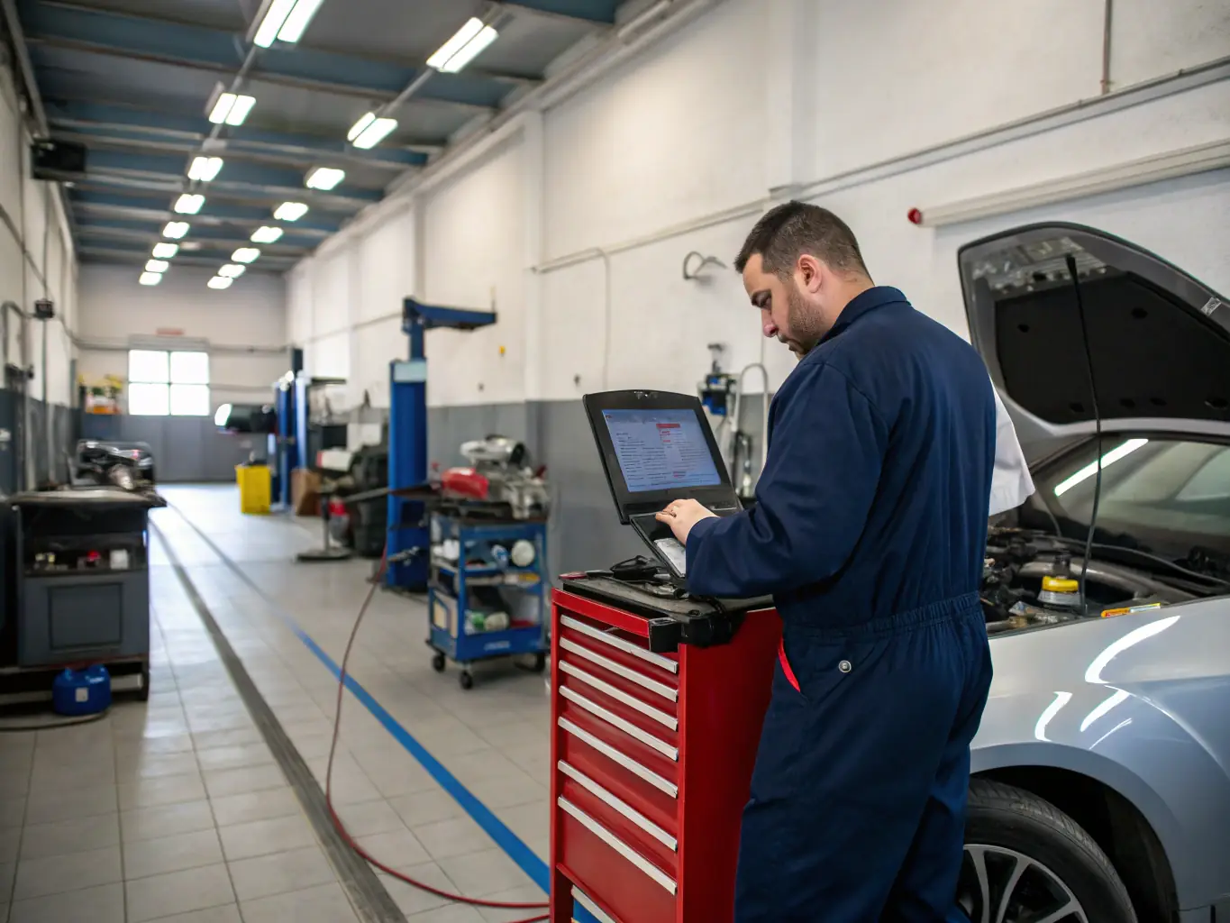 A mechanic inspecting a car engine with advanced diagnostic tools in a well-lit auto repair shop, showcasing the engine repair service.
