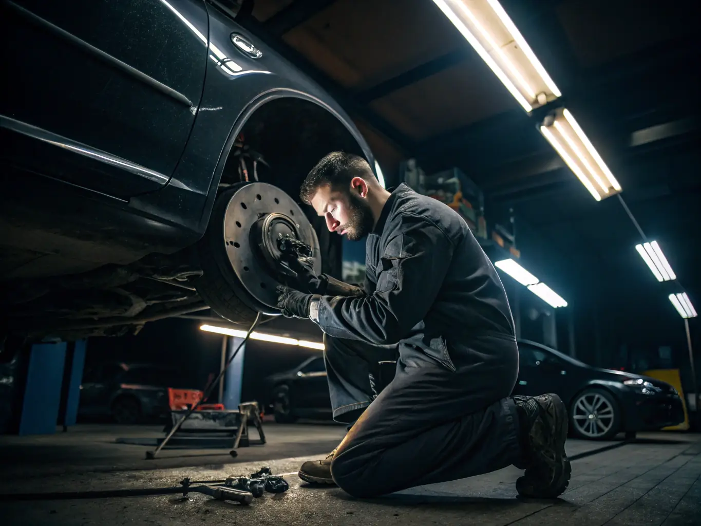 Technician replacing brake pads on a vehicle in the shop, highlighting the brake maintenance service.