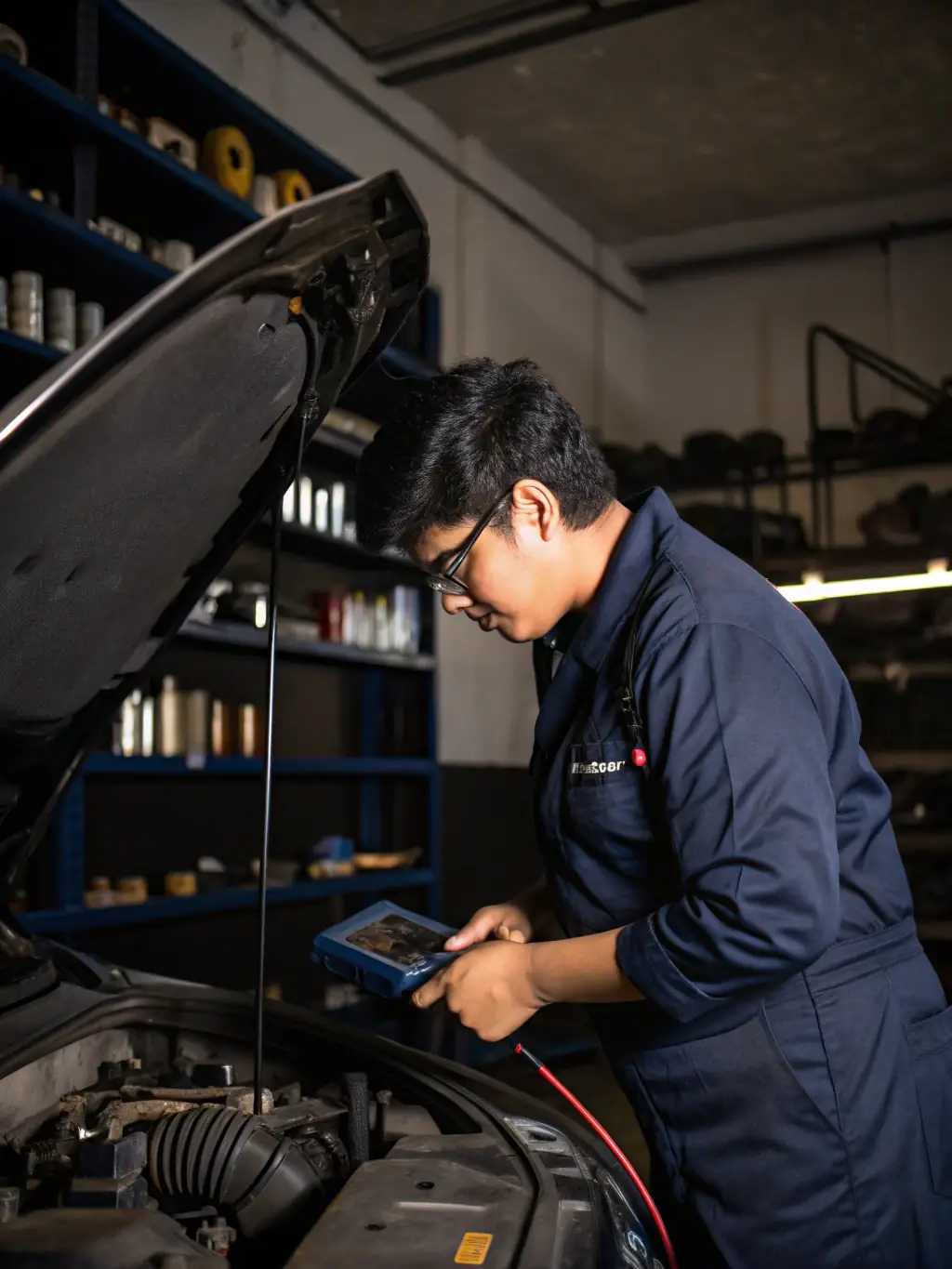 A technician performing a routine vehicle inspection, emphasizing the importance of regular maintenance at Tactical Auto Repair.