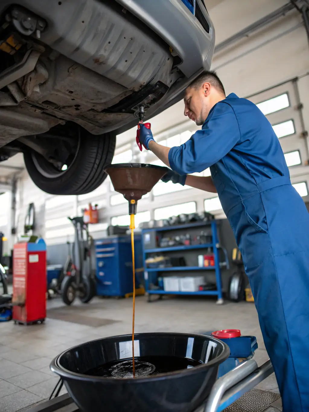 A mechanic is performing a routine oil change on a car, with various types of oil and filters displayed nearby, showcasing Tactical Auto Repair's oil change services.