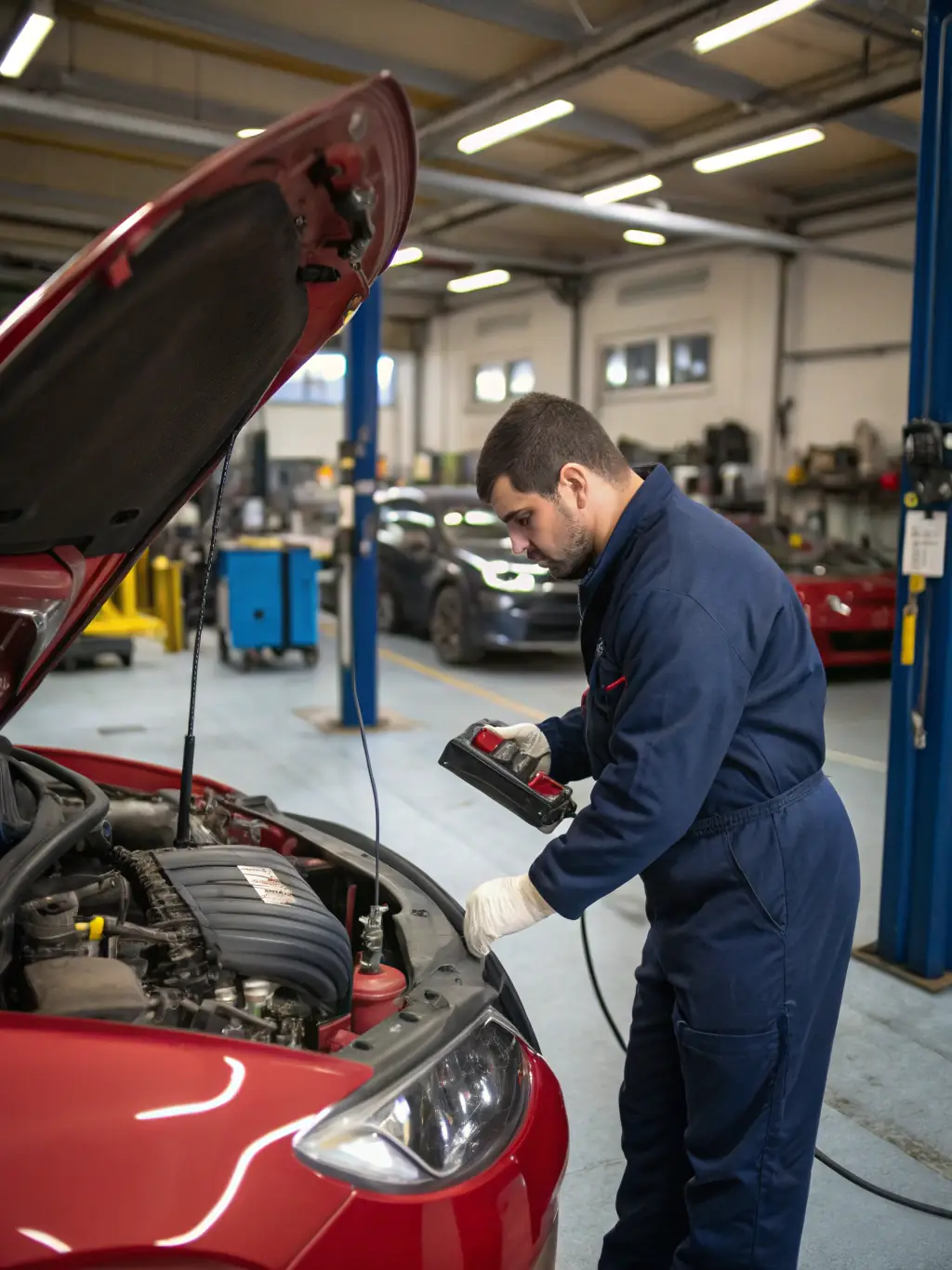 A mechanic inspecting a car engine with various tools laid out, showcasing the diagnostic process at Tactical Auto Repair.
