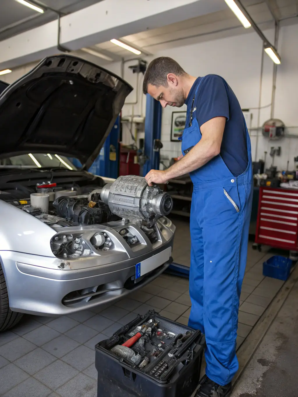 A mechanic is working on a car's transmission, with various transmission components laid out on a workbench, highlighting Tactical Auto Repair's transmission services.