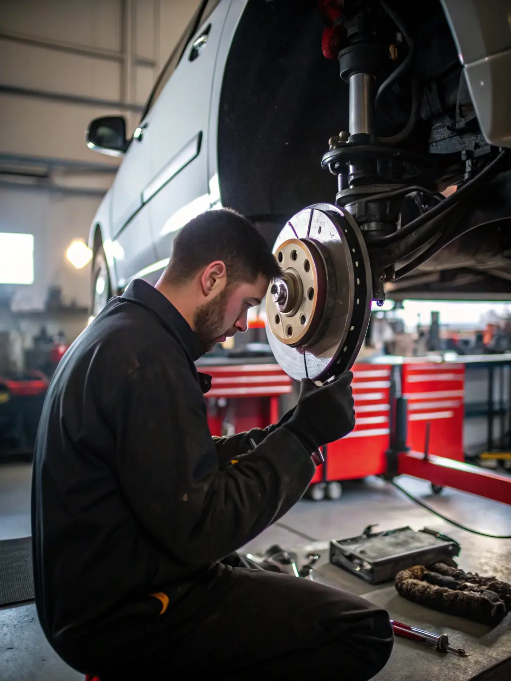 A close-up shot of a mechanic replacing brake pads on a car, with the brake rotor and caliper clearly visible, emphasizing Tactical Auto Repair's brake maintenance services.
