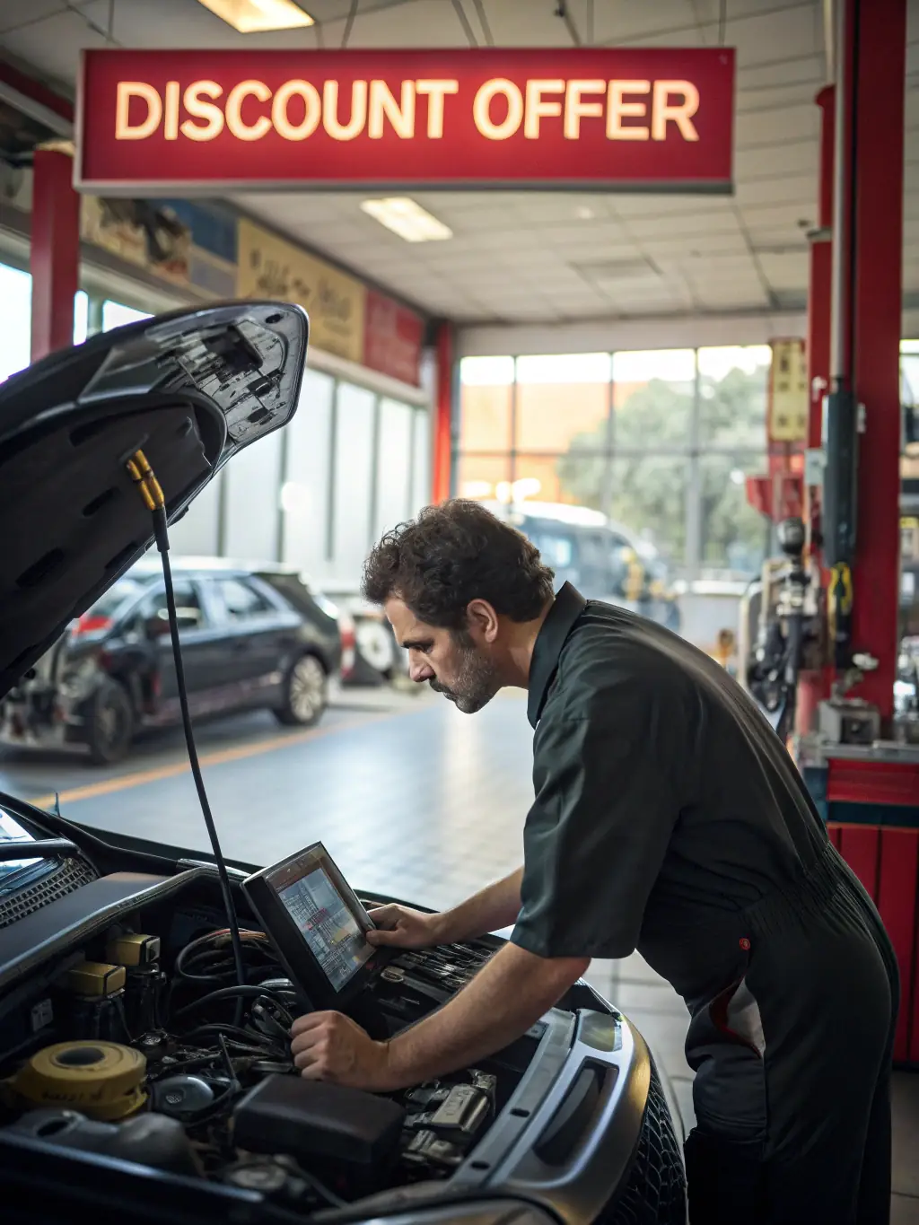 A mechanic in a blue uniform is using a diagnostic tool to check the engine of a car in a well-lit auto repair shop, with various tools and equipment visible in the background, showcasing Tactical Auto Repair's engine repair services.