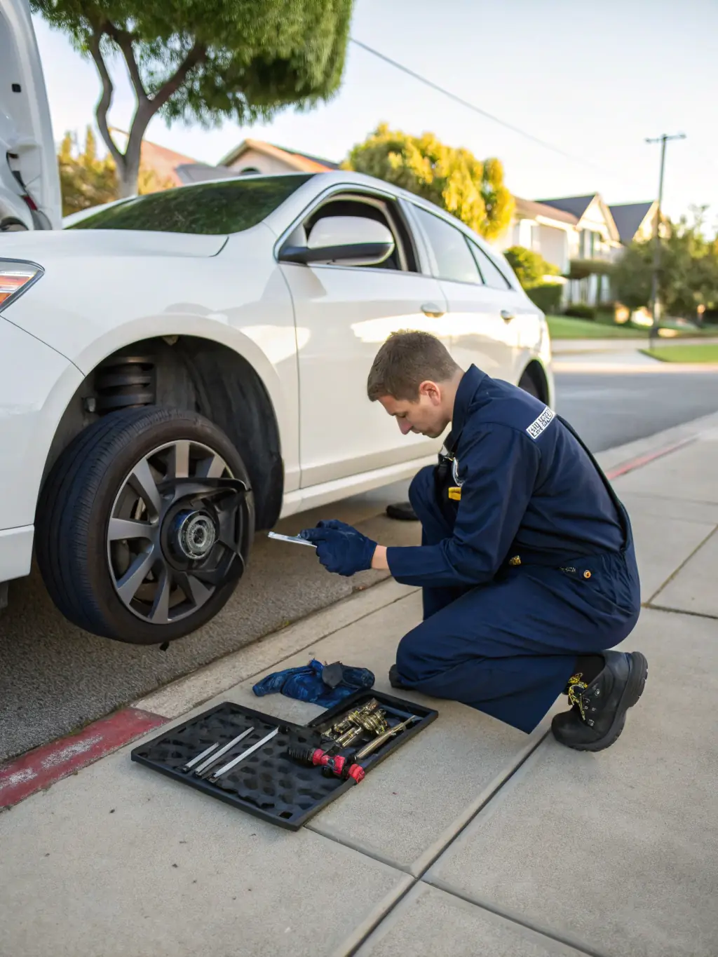 A technician replacing brake pads on a car, highlighting the brake maintenance service at Tactical Auto Repair.